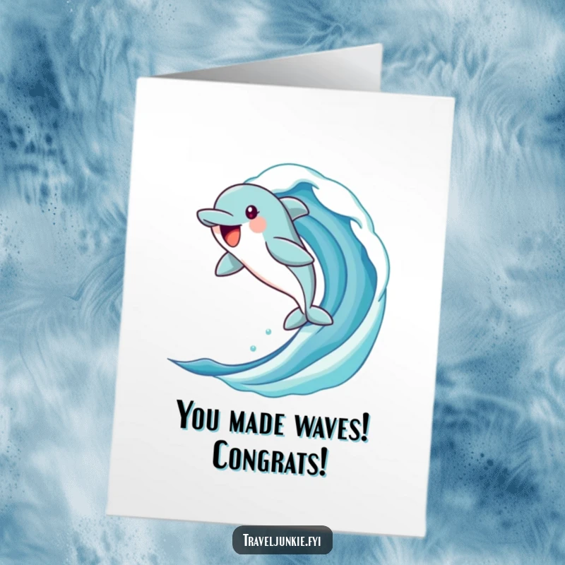 Funny Free Printable Congrats Card: Dolphin mid-air, tail fin up, above a dynamic ocean wave.