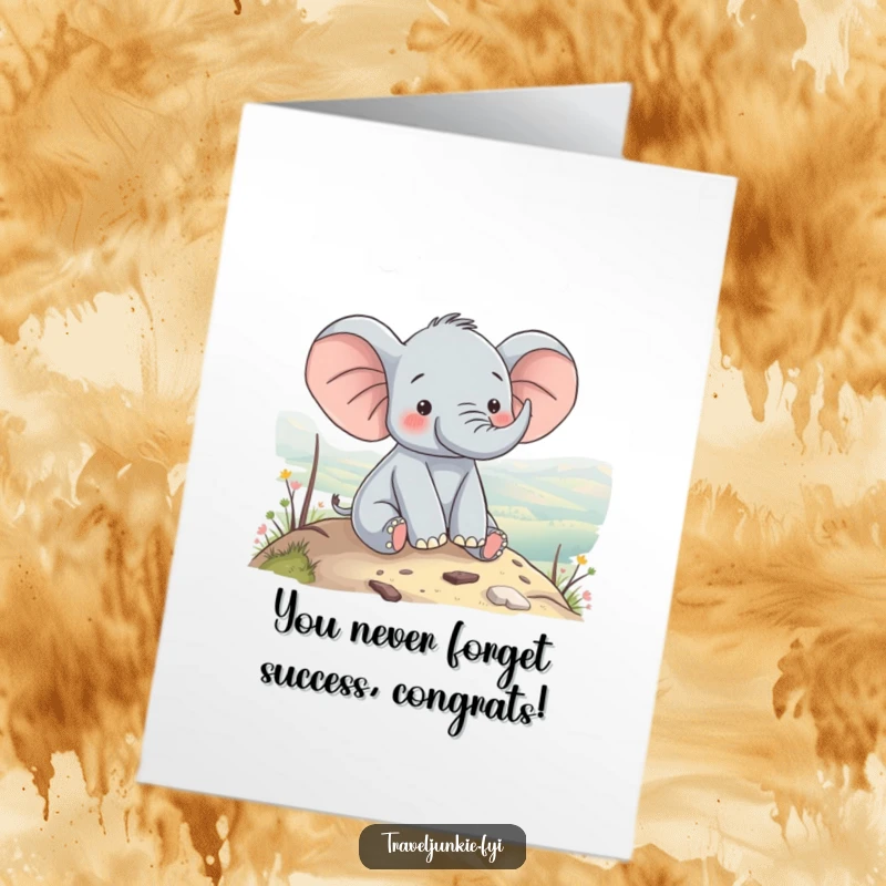 Free Printable Elephant Congratulations Card: Content elephant enjoys a scenic hilltop view, celebrating success.