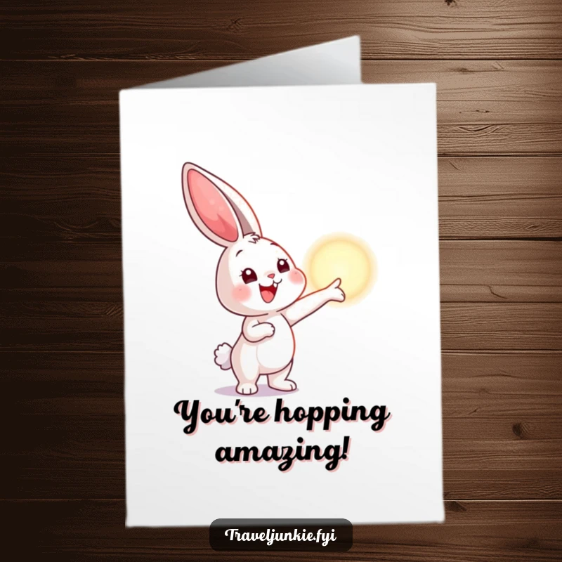 Funny Free Printable Congrats Card featuring a smiling bunny pointing excitedly at a shimmering horizon, symbolizing new opportunities.
