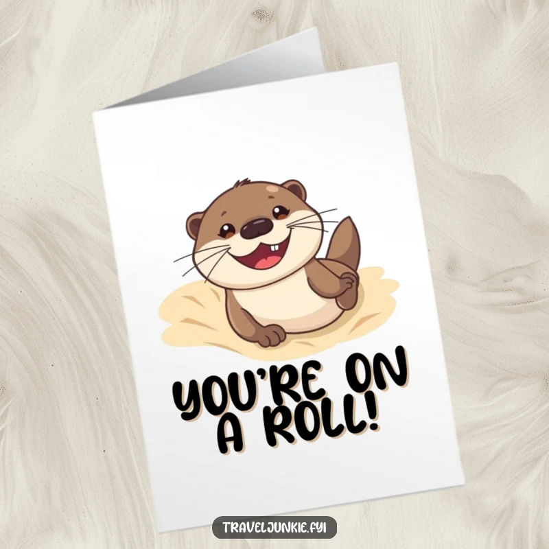 Funny Free Printable Congrats Card showing a happy otter smoothly sliding down a sand dune with a big smile.
