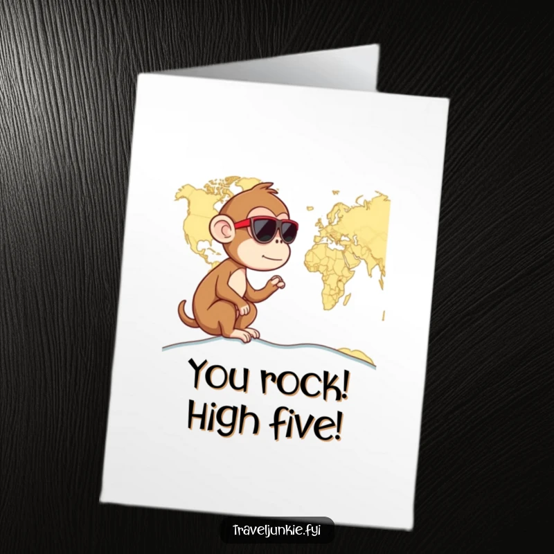 Funny Free Printable congratulations card of a curious monkey wearing sunglasses looking at a world map, celebrating achievements.
