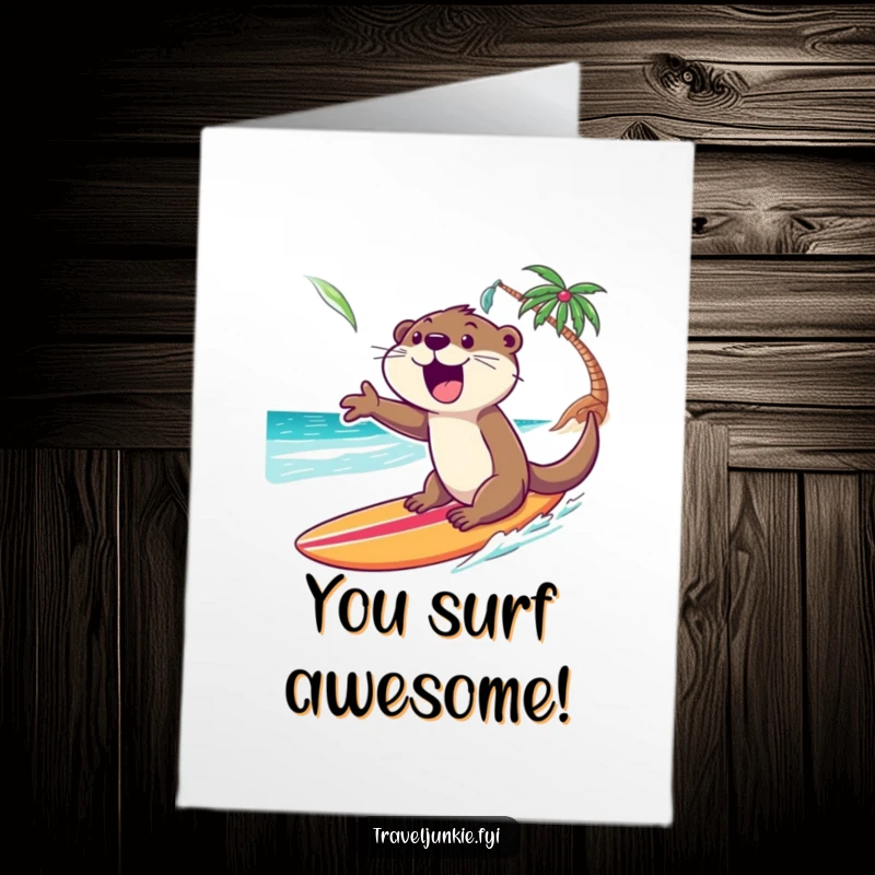 Funny free printable congratulations card: Excited otter surfs a wave towards a beach, celebrating a successful achievement.