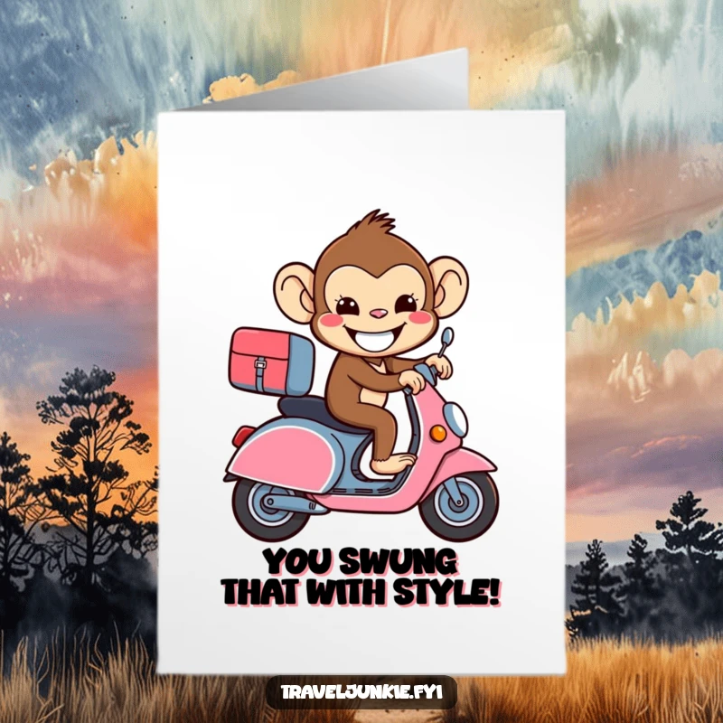 Funny Free Printable Congratulations Card: Beaming monkey riding suitcase like scooter, celebrating success, downloadable art.