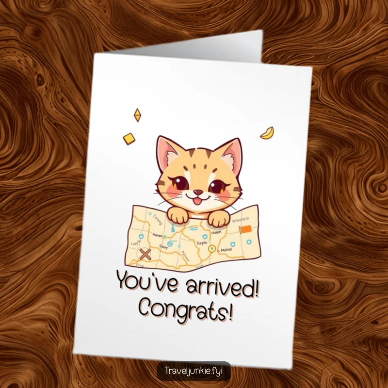 Funny Free Printable Congrats Card: Cat's eyes glinting mischievously as it peeks over a detailed world map.