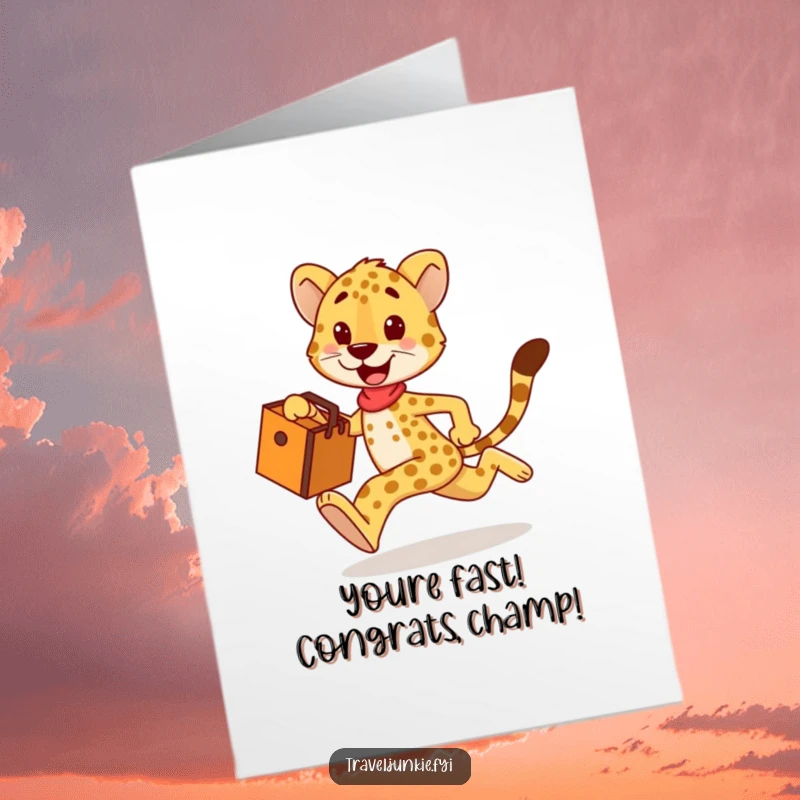 Funny Free Printable Congratulations Card: Happy cheetah sprinting with a travel bag, celebrating swift achievements.