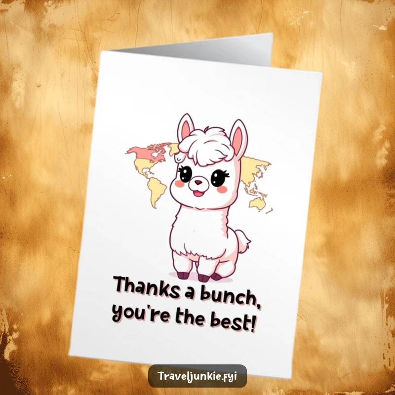 Funny free printable thank you card with a delighted alpaca studying a world map, perfect for expressing thanks.