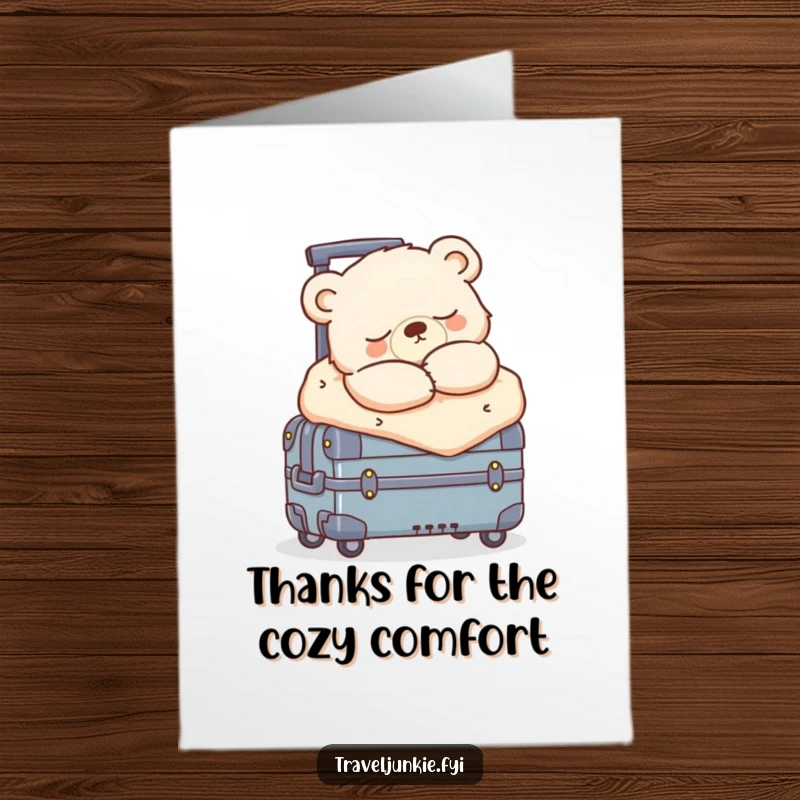Funny Free Printable Thank You Card: Sleepy bear cub on suitcase, expressing gratitude, cozy and humorous, print at home.