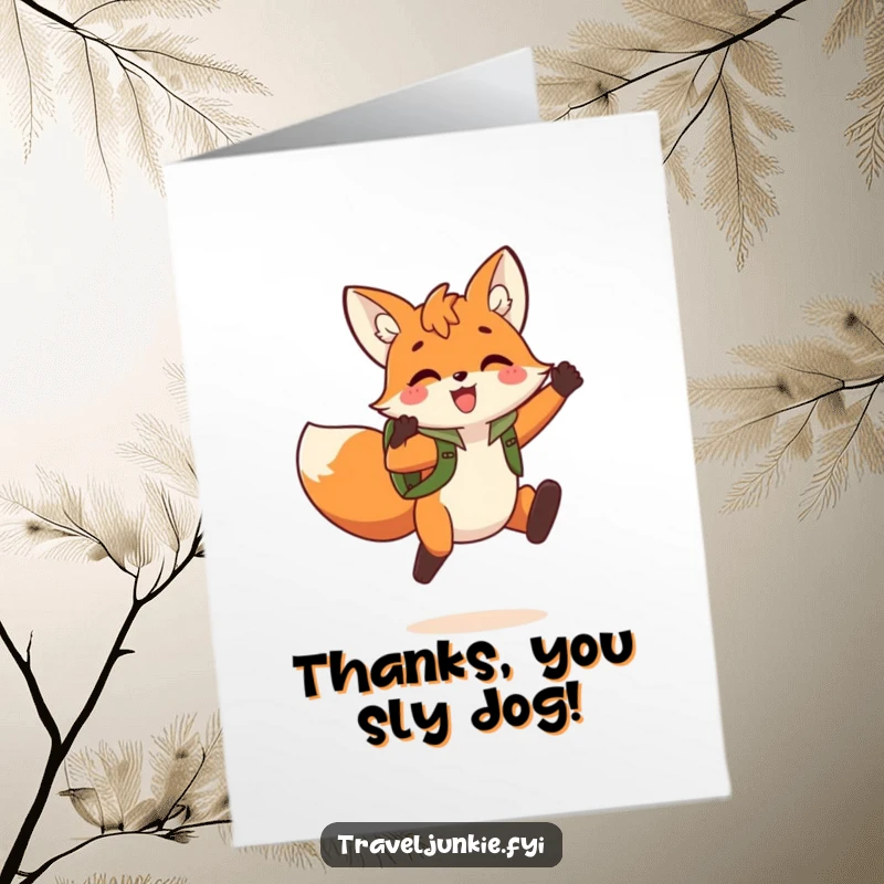 Funny Free Printable Thank You Card of a happy fox with a backpack, doing a triumphant jump to express sincere thanks.