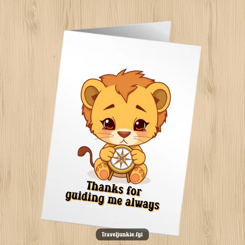 Funny Free Printable Thank You Card: A curious lion cub holds a compass, showing gratitude for guidance. A heartfelt message.