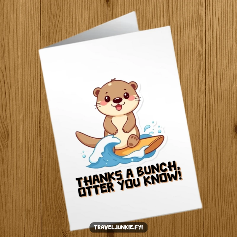 Funny free printable thank you card with a smiling otter joyfully riding a small wave, expressing thanks.