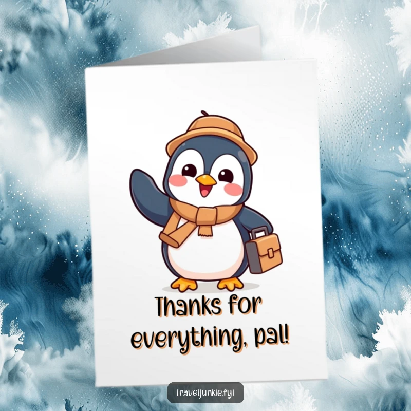 Funny Free Printable thank you card of a happy penguin with a tiny suitcase waving goodbye enthusiastically, showing appreciation.