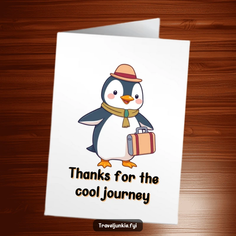 Funny Free Printable thank you card featuring a happy penguin tourist holding a tiny suitcase, expressing thanks for a journey, downloadable gift.