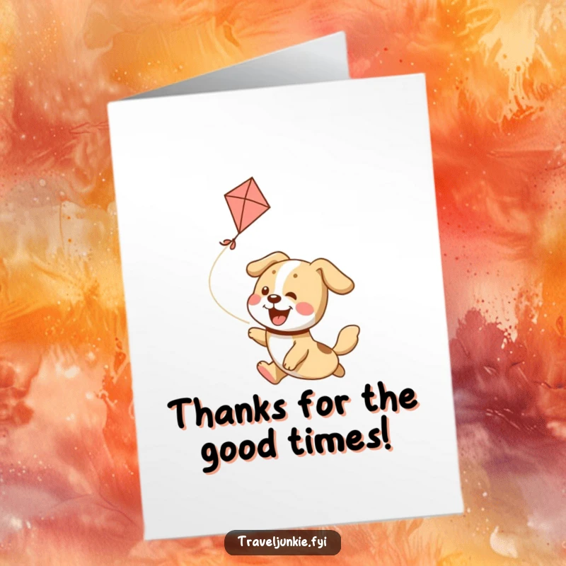 Funny Free Printable Thank You Card: A dog joyfully chasing a kite, perfect for expressing thanks with a smile. Downloadable and easy to print.