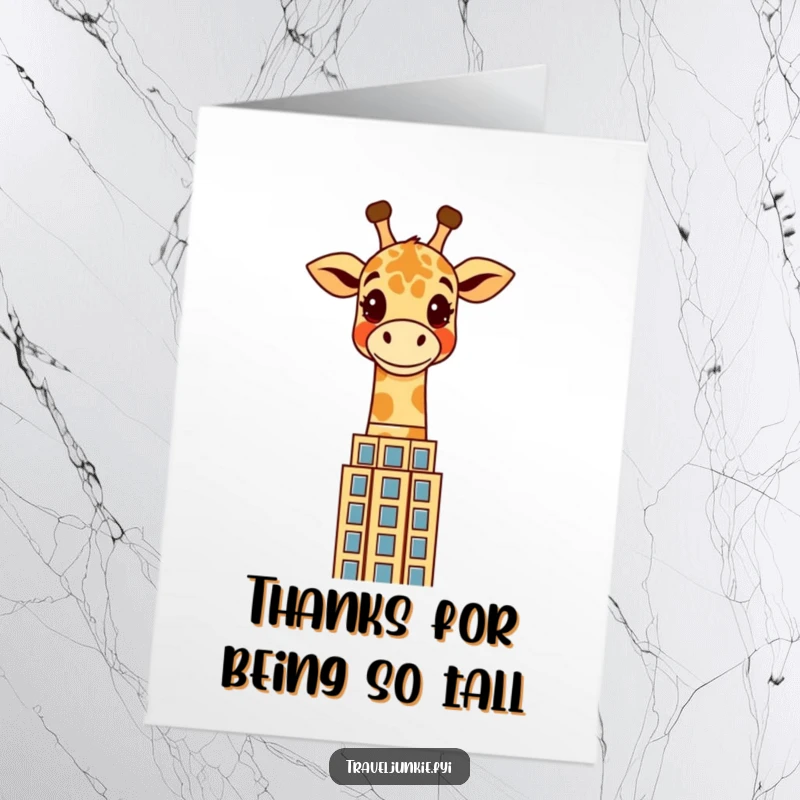 Funny Free Printable Thank You Card: Giraffe looking down kindly from above a city skyline.