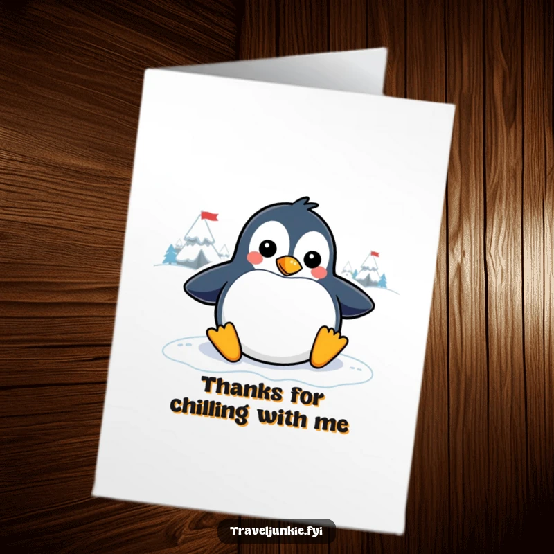 Funny Free Printable Thank You Card: Penguin sliding smoothly on ice, looking delighted.