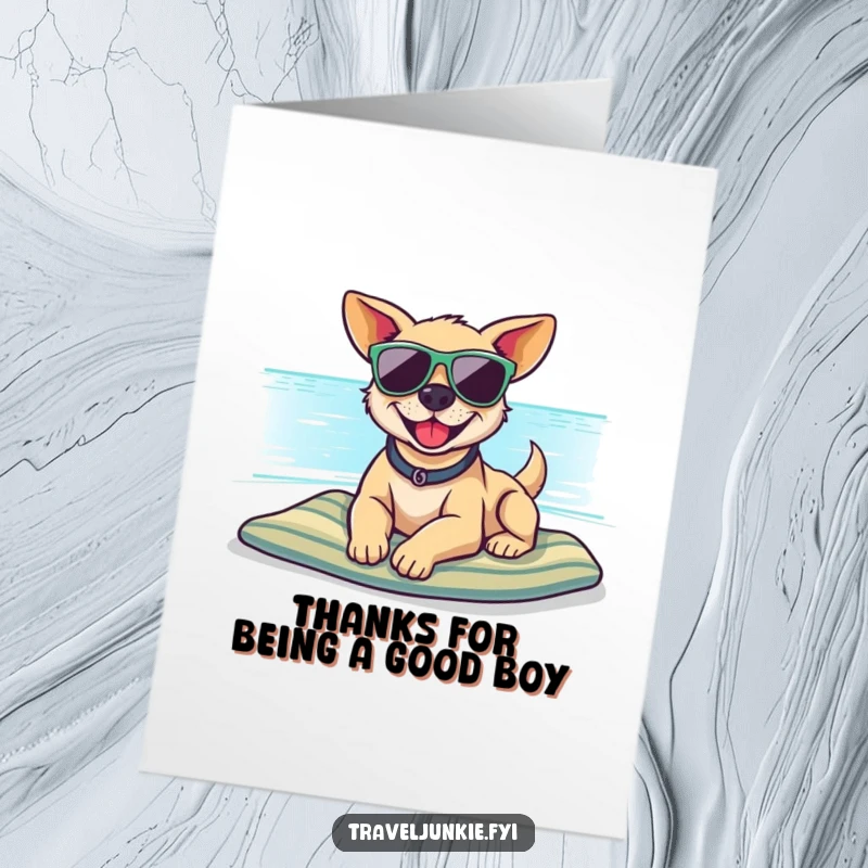 Funny Free Printable Thank You Card: Smiling dog in sunglasses relaxing on beach, sending thanks.