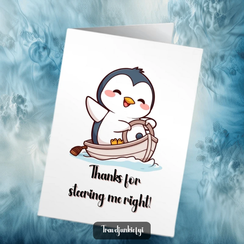Funny Free Printable Thank You Card: Happy cartoon penguin comically attempting to steer a tiny boat, expressing thanks.