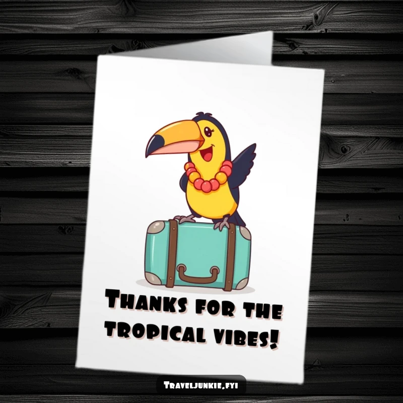 Funny Free Printable Thank You Card: Joyful toucan with lei balancing on suitcase, expressing thanks, print at home.