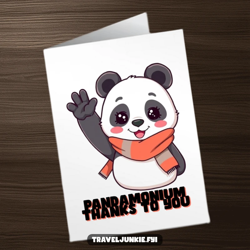 Funny free printable thank you card: a cheerful panda with a travel scarf happily waves hello.
