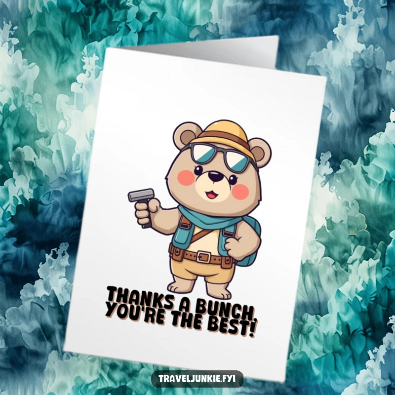 Funny free printable thank you card with a brave bear tourist posing boldly, expressing appreciation.