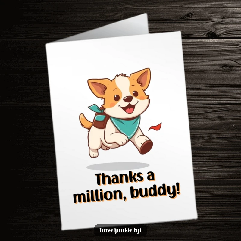 Funny Free Printable thank you card of an energetic dog running with a bandana and a small backpack, showing appreciation.