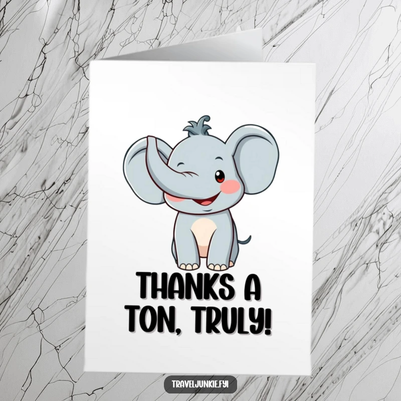 Funny Free Printable Thank You Card depicting a joyous elephant with its trunk lifted high, symbolizing heartfelt thanks.