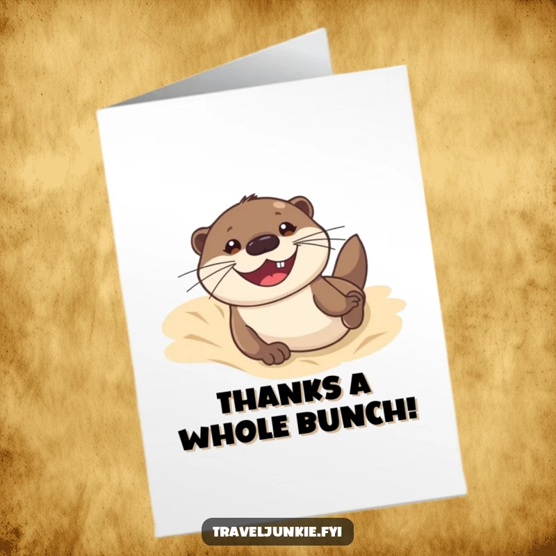 Funny Free Printable Thank You Card of a cute otter sliding down a sandy dune with a wide, happy grin.