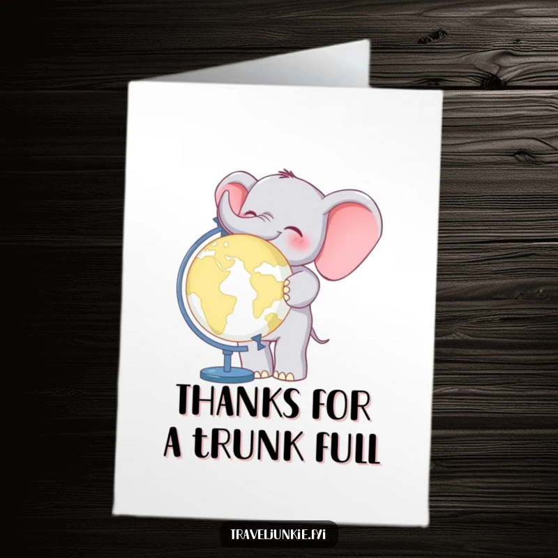 Funny Free Printable Elephant Thank You Card, a cheerful elephant stands by a world globe, showing gratitude with a global scale, downloadable.