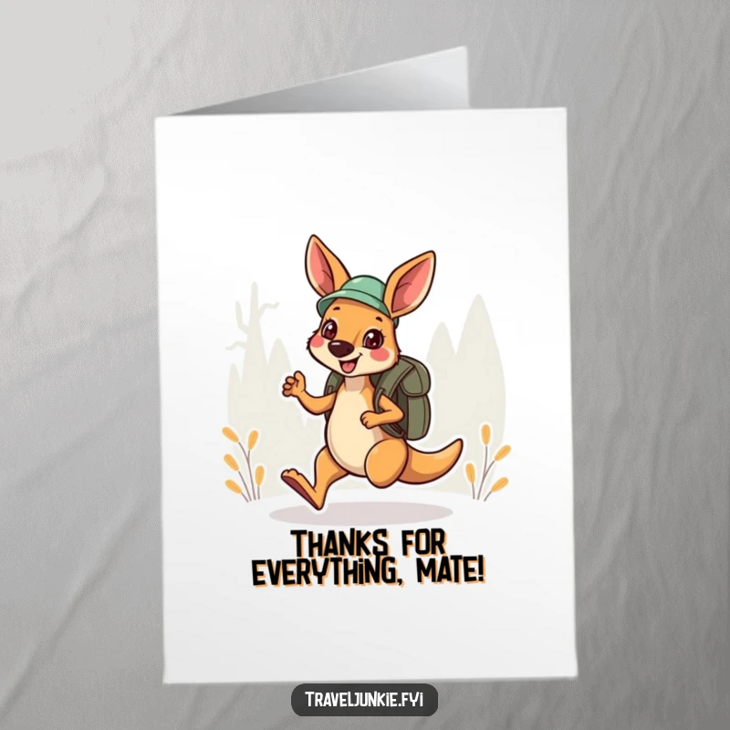 Funny free printable thank you card depicting a cheerful kangaroo explorer hopping with a backpack, conveying gratitude.