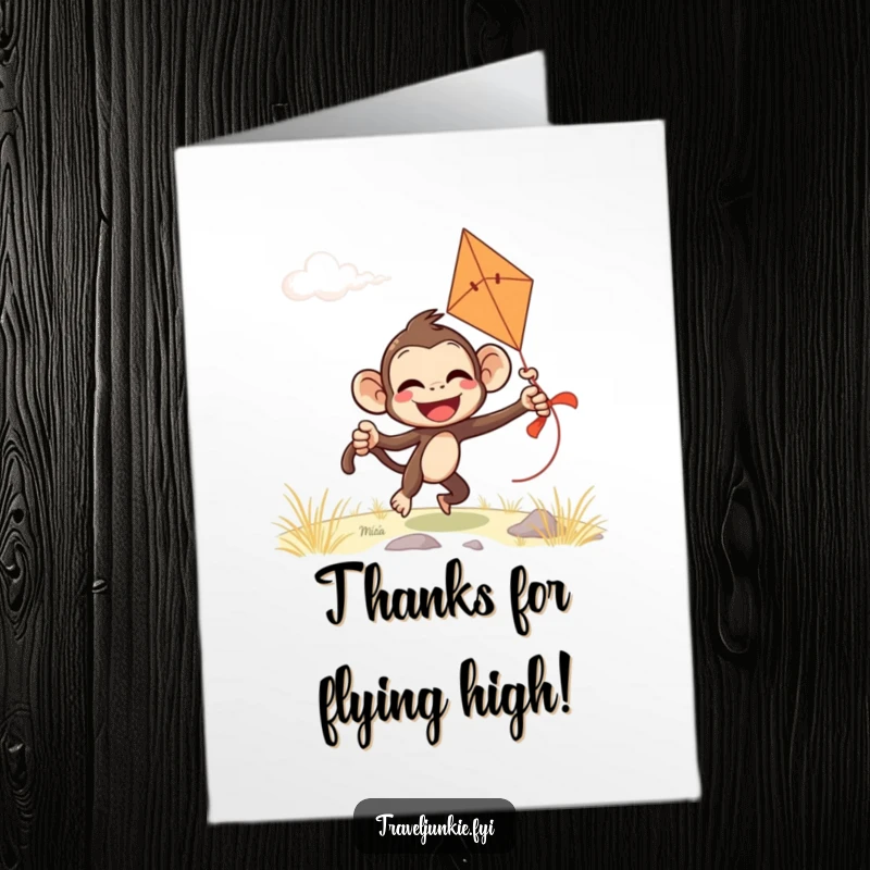 Funny Free Printable Thank You Card: Giggling monkey comically attempting to fly a kite on a windy day, expressing thanks with humor.