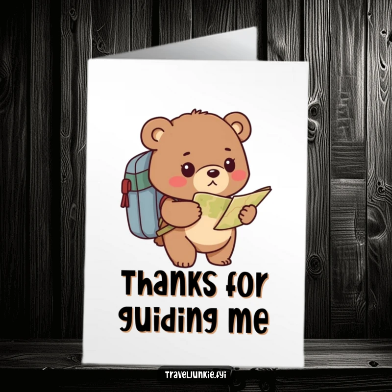 Funny Free Printable Thank You Card: Bear explorer looking at map, thankful for help on the journey.