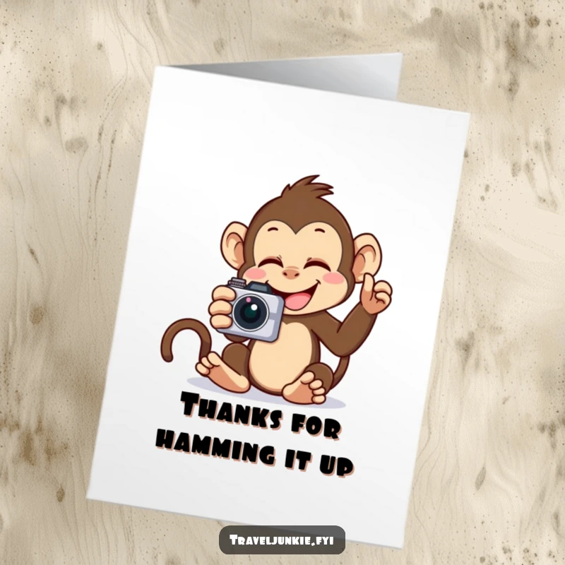 Funny Free Printable Monkey Thank You Card, a giggling monkey enthusiastically takes a selfie, expressing thanks in a comical way, downloadable.