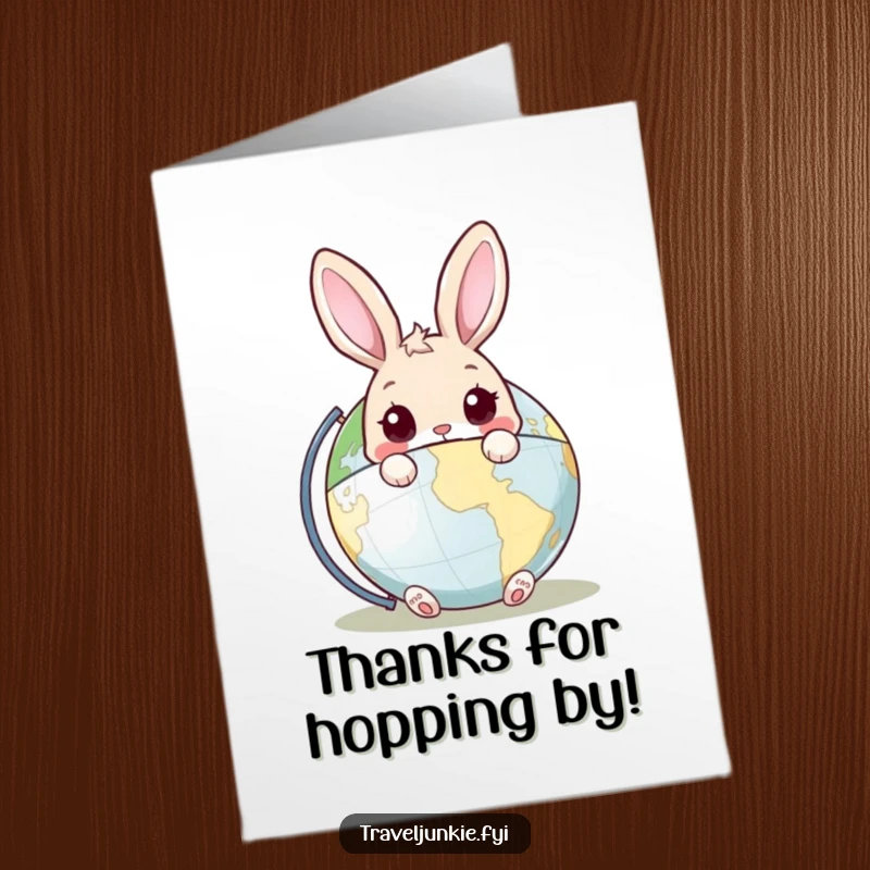 Funny Free Printable Thank You Card featuring a curious rabbit peeking from behind a detailed globe, conveying sincere thanks.