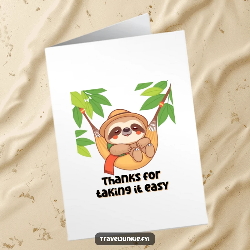 Funny Free Printable Thank You Card: Content sloth traveler relaxing in a hammock. A chill and downloadable thank you.