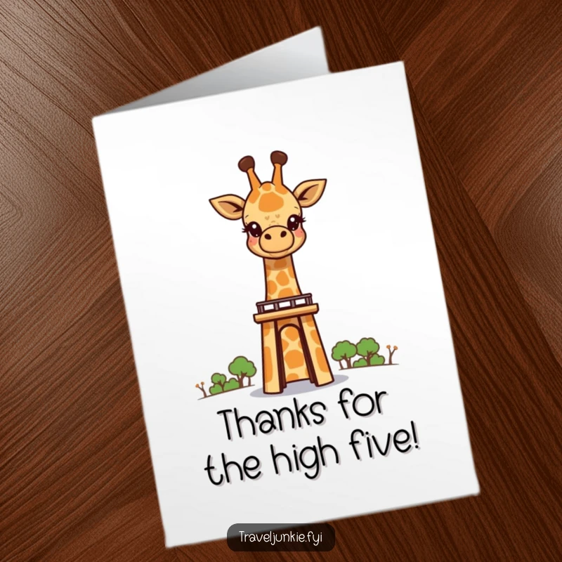 Free Printable Thank You Card: A curious giraffe peeks over a vast landmark, symbolizing looking up in appreciation. A thoughtful downloadable greeting.