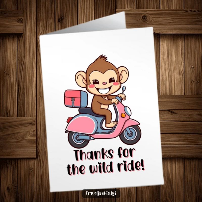 Funny Free Printable Thank You Card: Beaming monkey riding suitcase like scooter, expressing thanks, downloadable art.