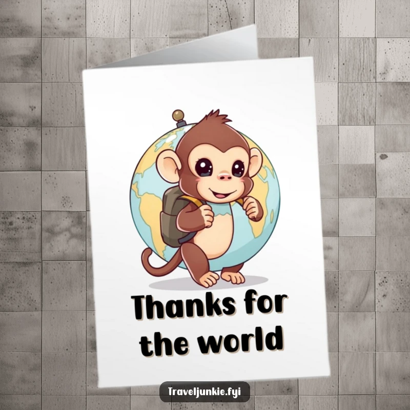 Funny free printable thank you card: a curious monkey with a backpack peeks behind a world globe.