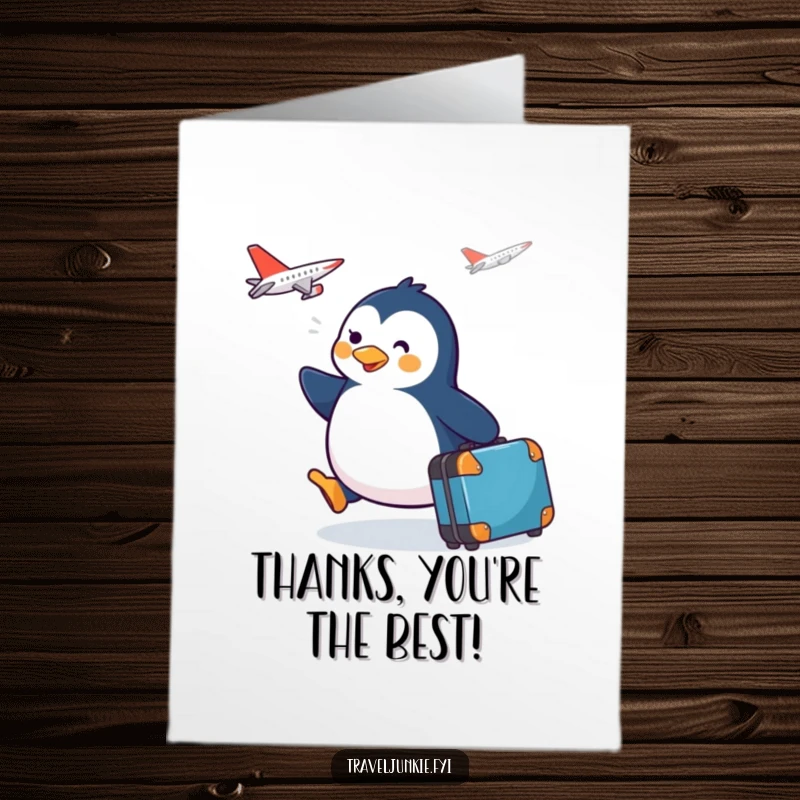 Funny Free Printable Penguin Thank You Card: Happy penguin with suitcase, waddling excitedly to express thanks.