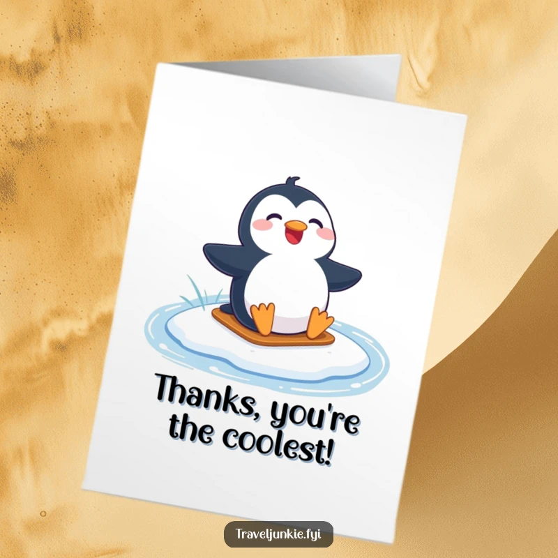 Funny Free Printable Thank You Card: Joyful penguin sliding on a frozen lake, sending warm thanks with a cool design.