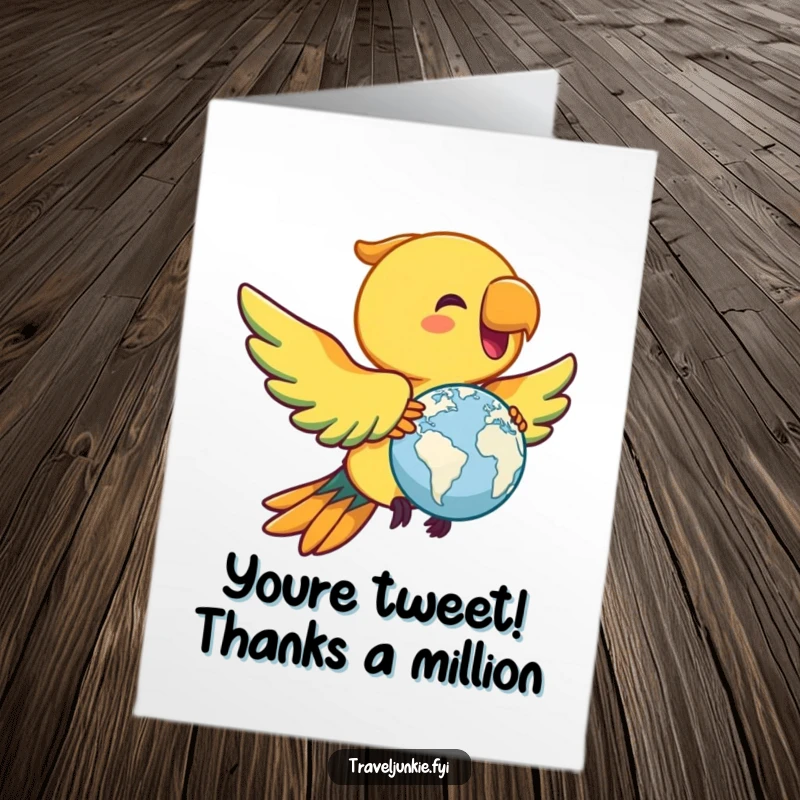 Funny Free Printable Thank You Card: Joyful parrot flying with a miniature globe, sending warm thanks.