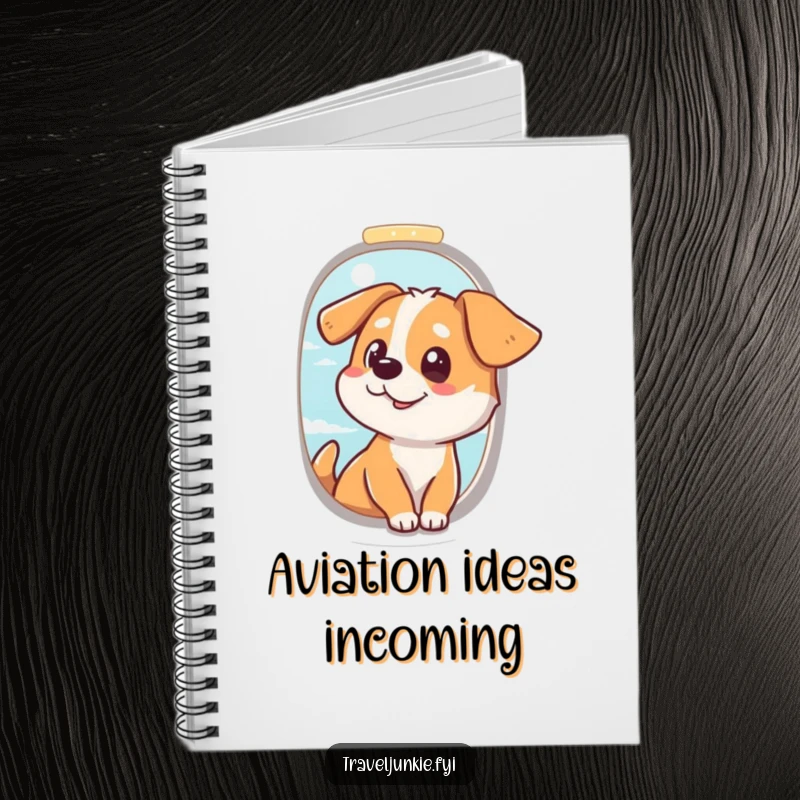 Funny Dog Travel Notebook: Dog at airplane window, ideal for jotting down travel notes with a humorous, adventurous flair, funny gift.