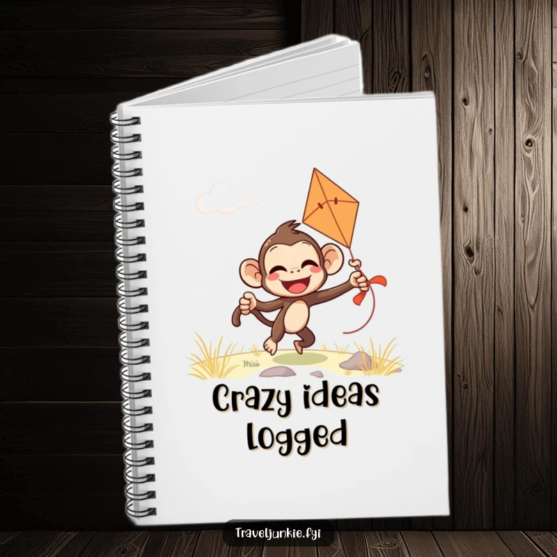 Funny monkey notebook with a giggling character comically attempting to fly a kite on a windy day, ideal for notes and ideas.