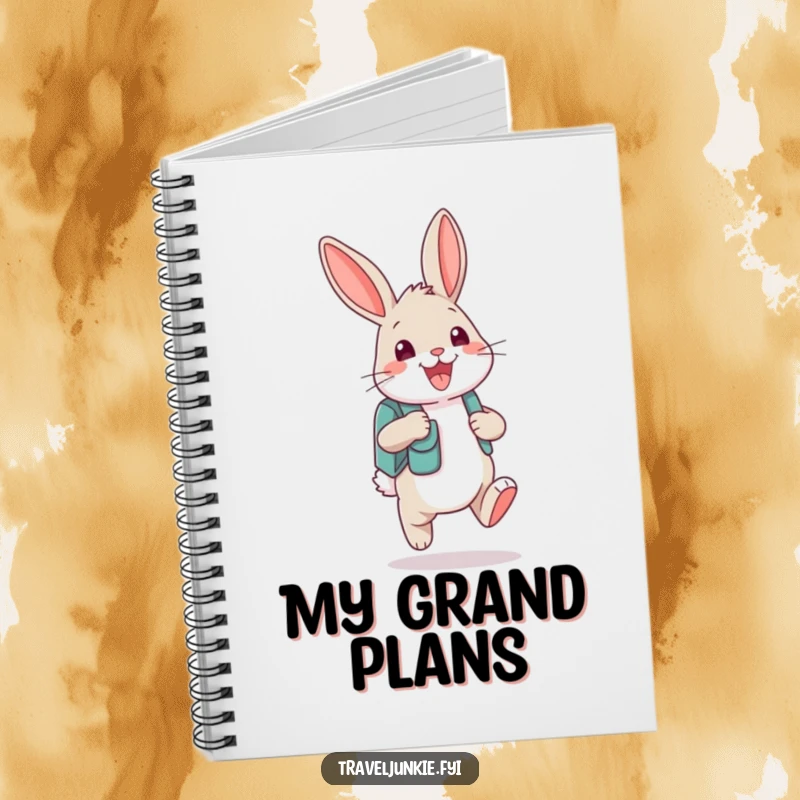 Funny bunny character with a backpack and a wide smile on a notebook cover, a humorous and functional item.