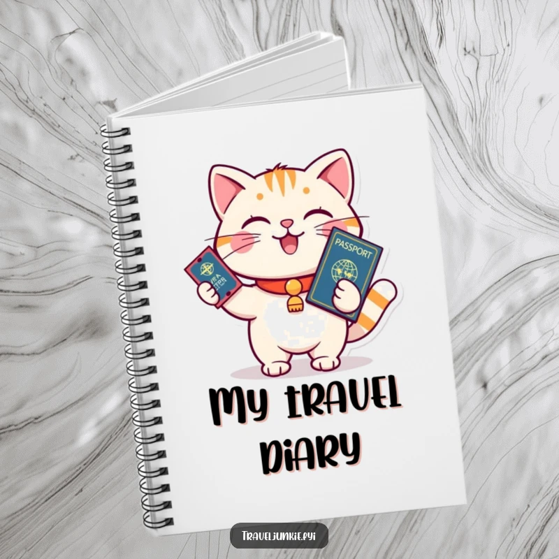 Funny cat holding passport and ticket, ready to board, ideal for travel planning, humorous notebook gift.