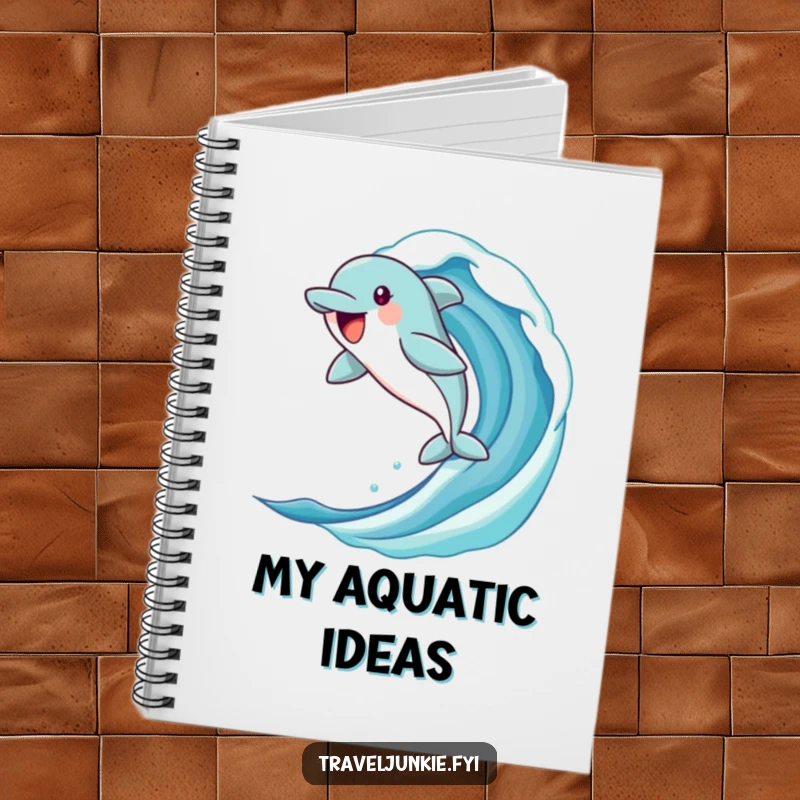 Funny dolphin notebook with a jubilant character leaping from a stylized ocean wave, perfect for jotting down notes with a humorous ocean theme.