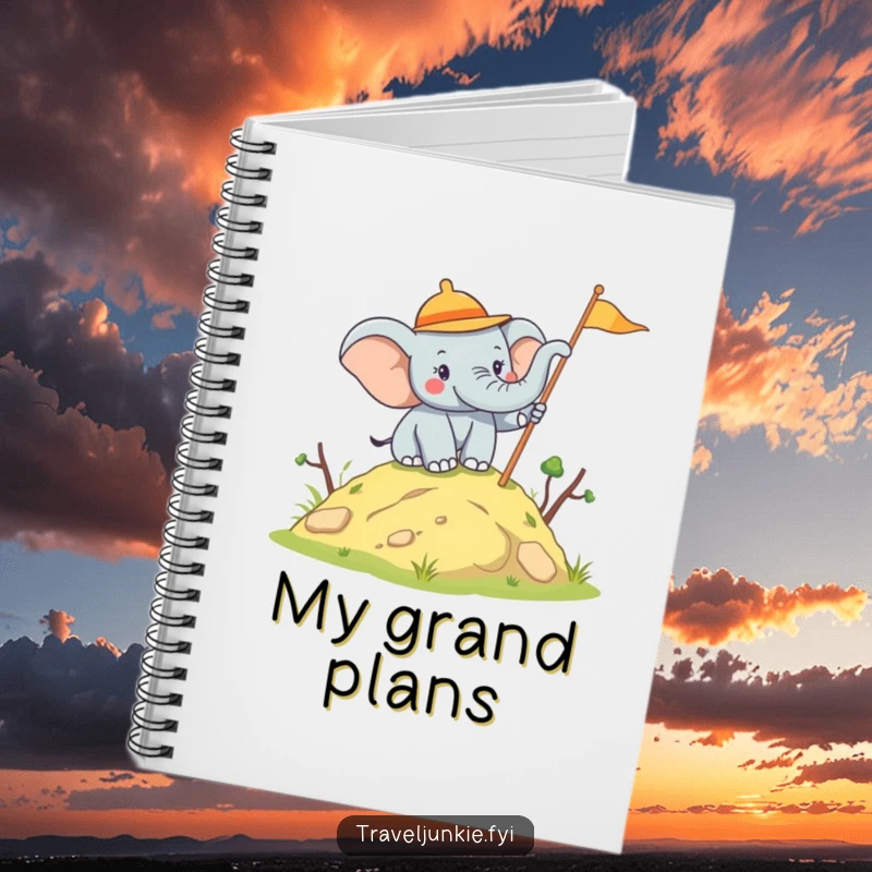 Funny Elephant Explorer Notebook: A joyful elephant planting a flag on a notebook cover, perfect for documenting wins, a funny gift.