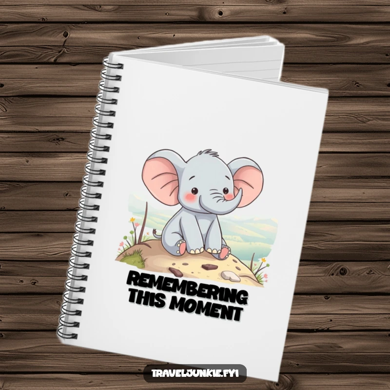 Funny elephant character enjoying a scenic view from a hilltop, designed for journaling serene thoughts, a funny gift notebook.