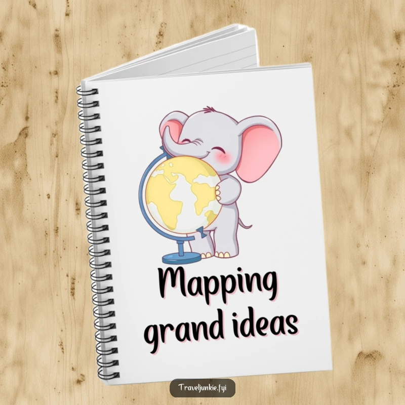 Funny Elephant World Traveler Notebook: Features a cheerful elephant and a globe, ideal for documenting travel plans and dreams.