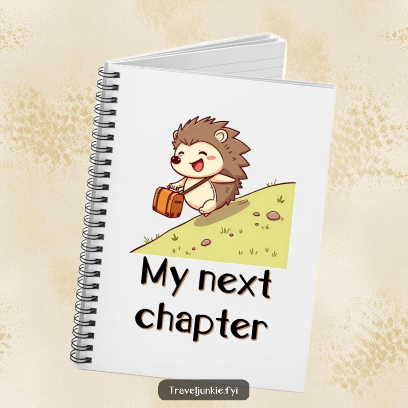 Funny hedgehog character rolling down a hill with a suitcase, shown on the cover of a notebook, encouraging creative writing.