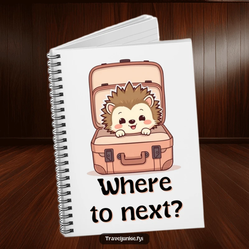 Funny notebook cover featuring a hedgehog curiously peeking into a suitcase, ideal for jotting down notes with a travel-themed, humorous design.